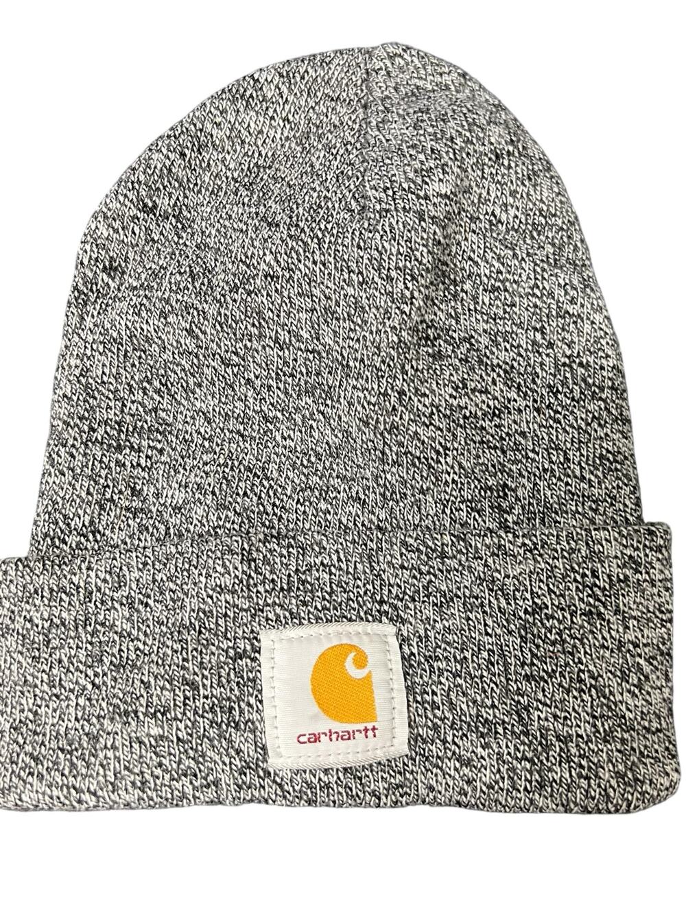 gray white speckled marled Carhartt cuffed knit beanie hat logo patch OSFM